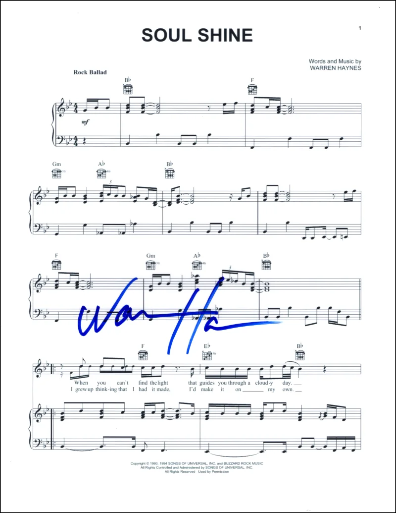 Warren Haynes — Warren Haynes The Allman Brothers Band Signed Autograph Soul Shine Sheet Music