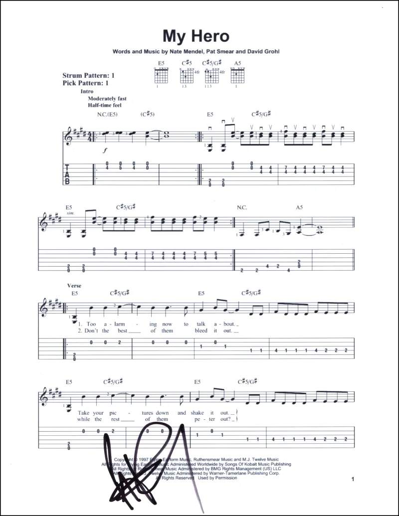 Pat Smear — Pat Smear Foo Fighters Signed Autograph My Hero Sheet Music Colour and the Shape
