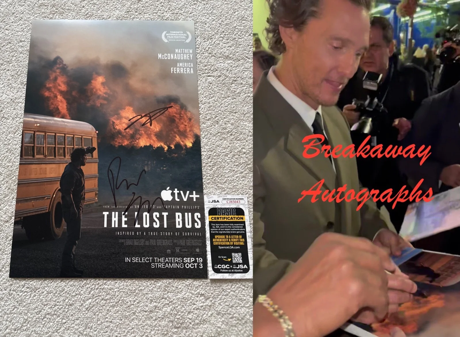 Matthew McConaughey + Paul Greengrass — Matthew McConaughey signed photo 12X18 Greengrass exact proof JSA COA Lost Bus