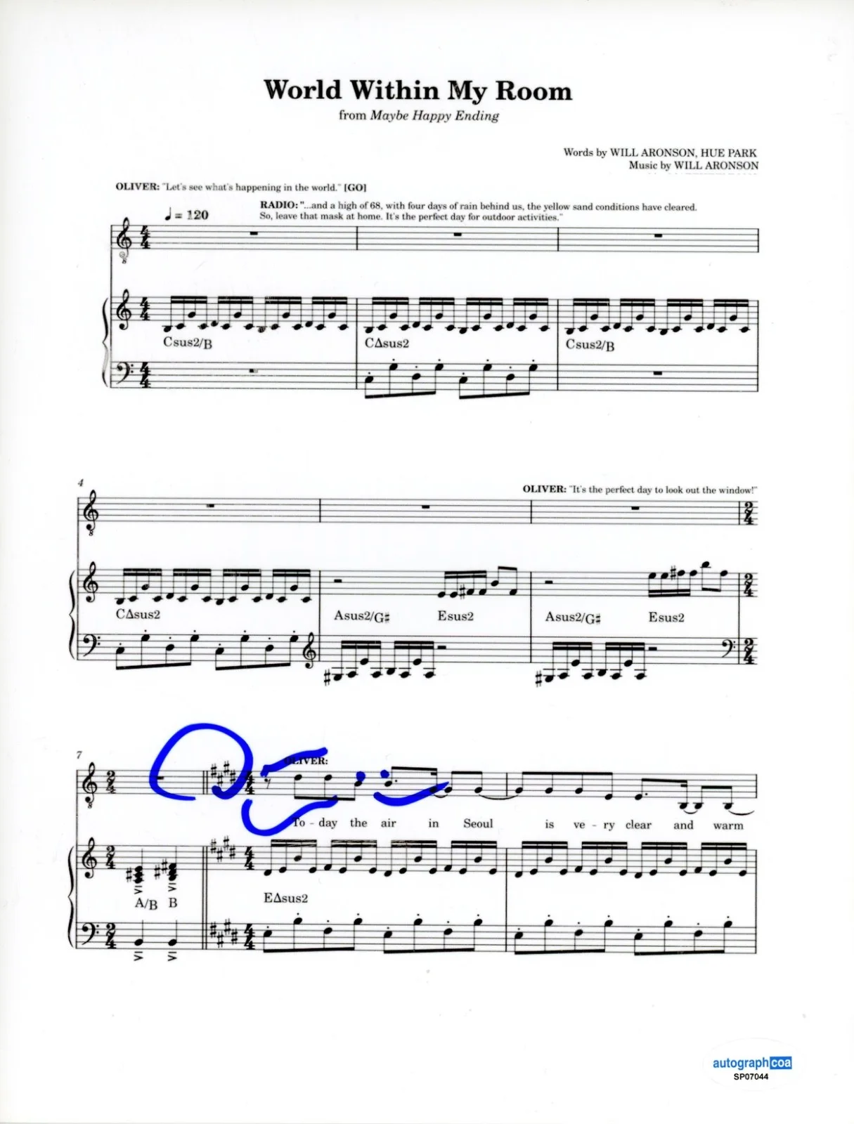 DARREN CRISS — Darren Criss Maybe Happy Ending Signed 'World Within My Room' Sheet Music ACOA