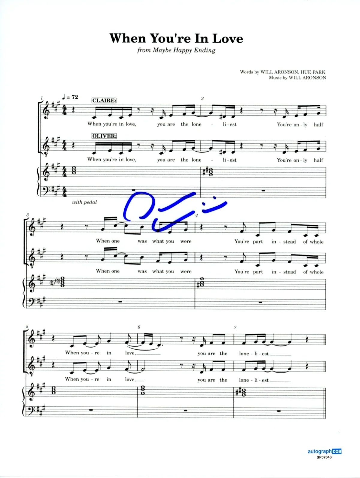 DARREN CRISS — Darren Criss Maybe Happy Ending Signed 'When You're In Love' Sheet Music ACOA