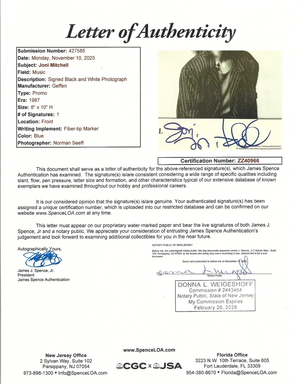 Joni Mitchell hand SIGNED 8x10" Official 1987 Promo Photo JSA LOA Autographed, image 2