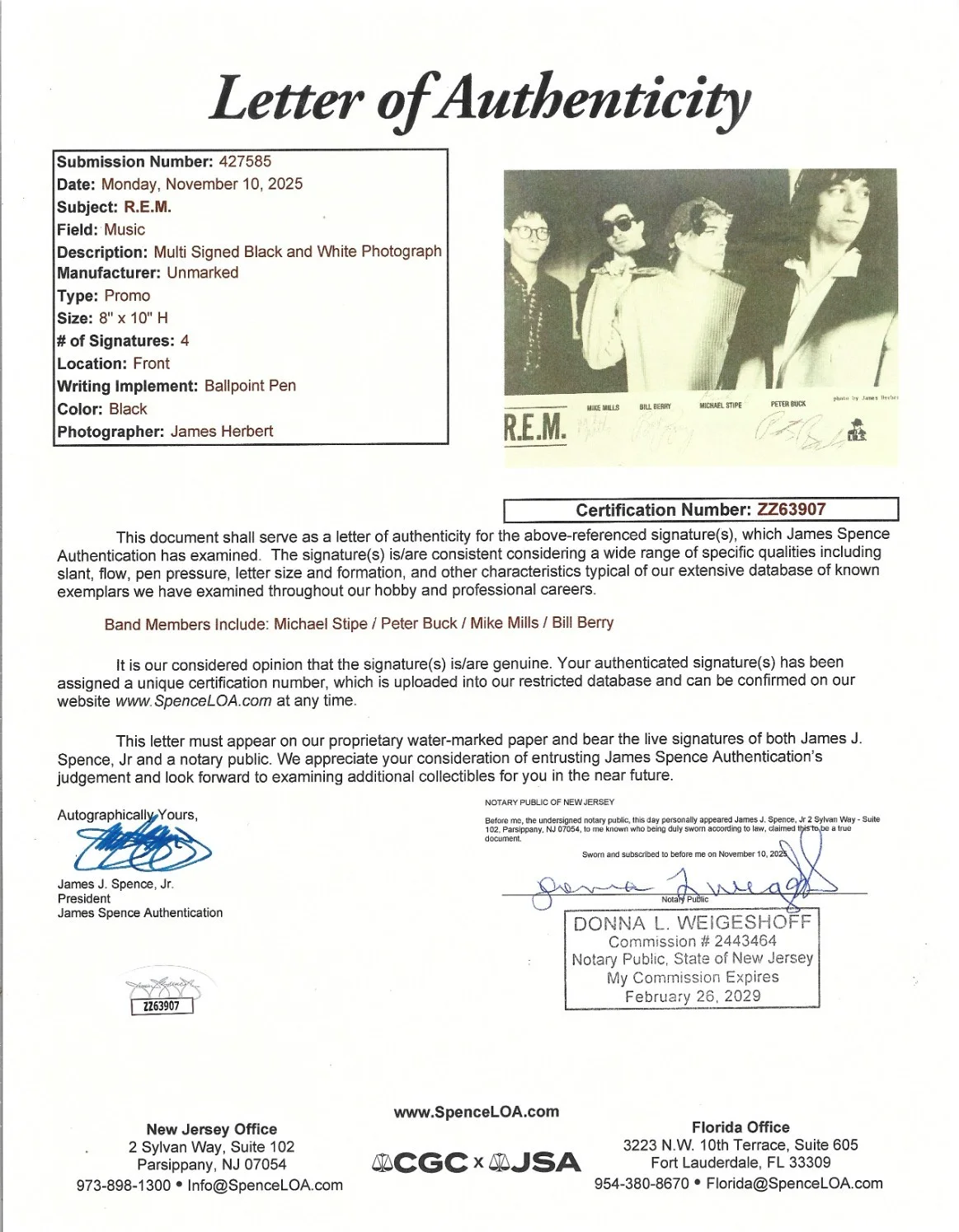 R.E.M. REAL full band hand SIGNED Early Promo Photo JSA LOA Michael Stipe +3 REM, изображение 2