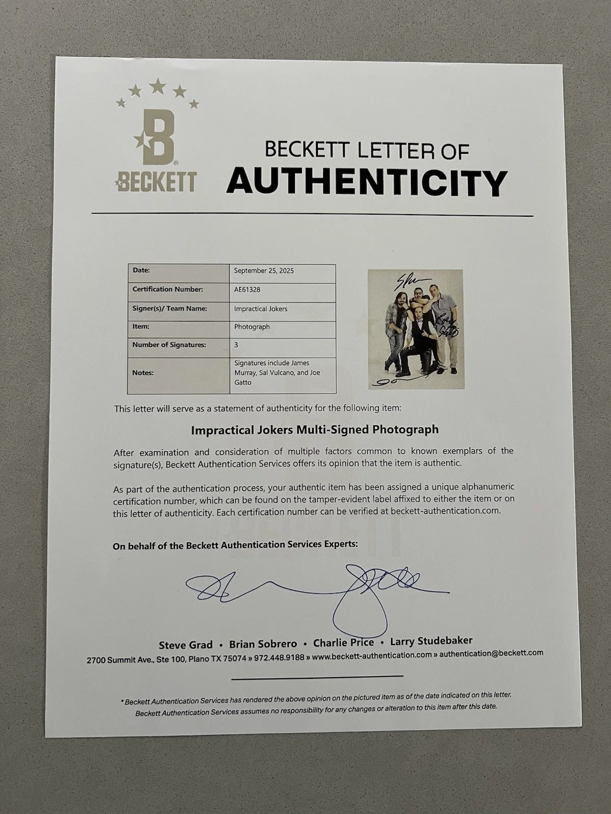 Joe Gatto, James Murray, Sal Vulcano — Impractical Jokers autographed signed 8x10 photo Beckett BAS COA Murr Sal Gatto, image 2