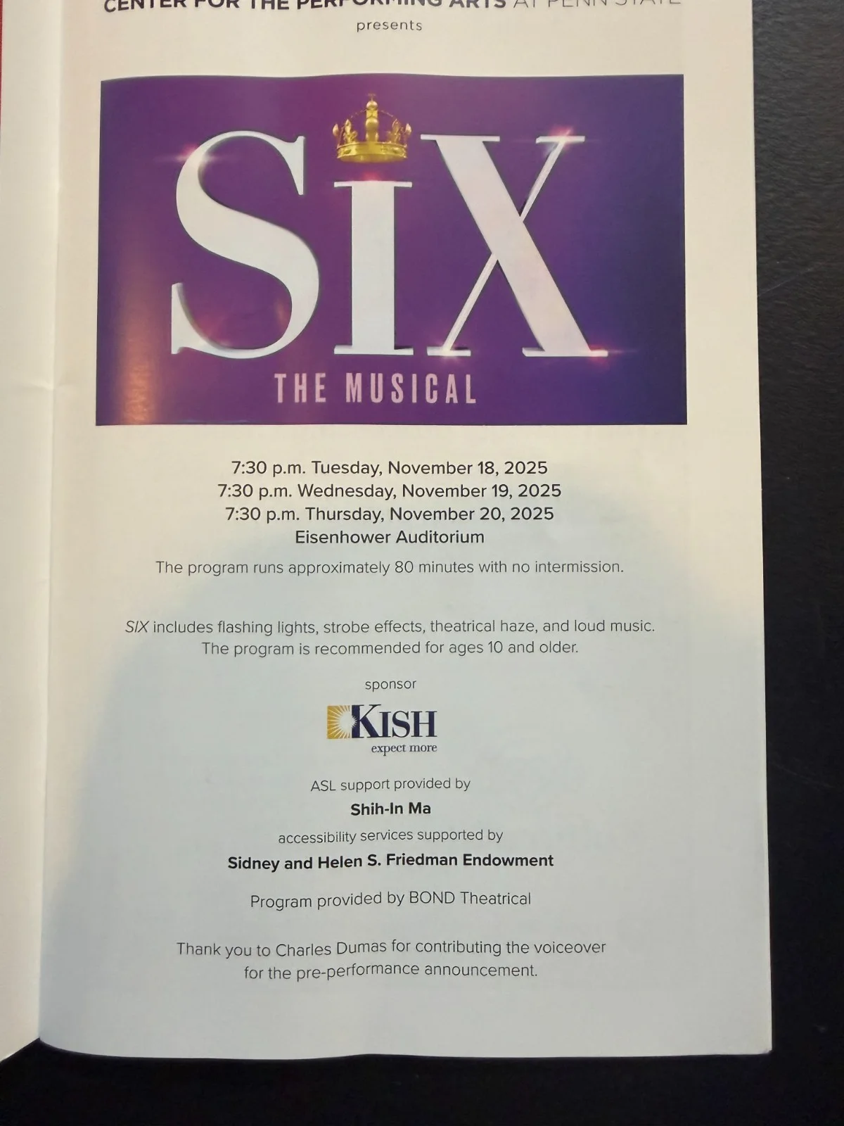 Program for the musical SIX at the Eisenhower Auditorium State College Pa(RC 4-, image 2