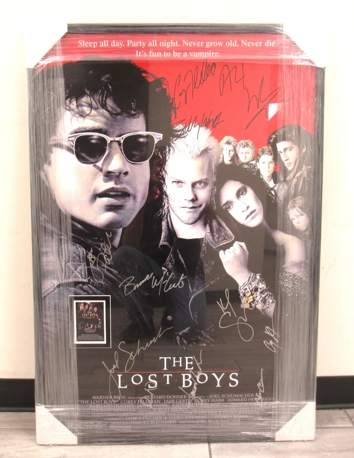 Kiefer Sutherland — THE LOST BOYS Movie Poster Custom Framed with 11 SIGNATURES 28 x 41 + LP & DVD
