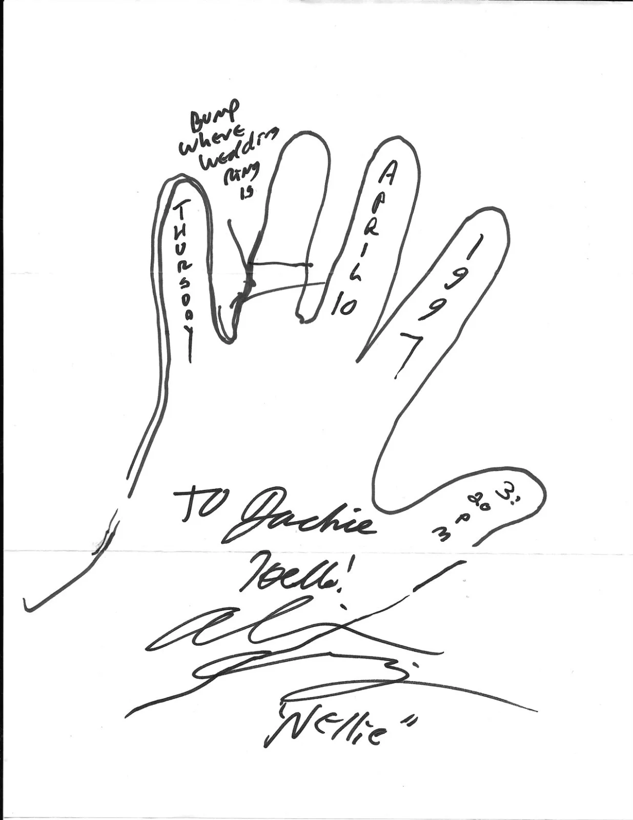 Alison Arngrim — Alison Arngrim signed handprint dated Apr. 10, 1997; Little House On The Prairie