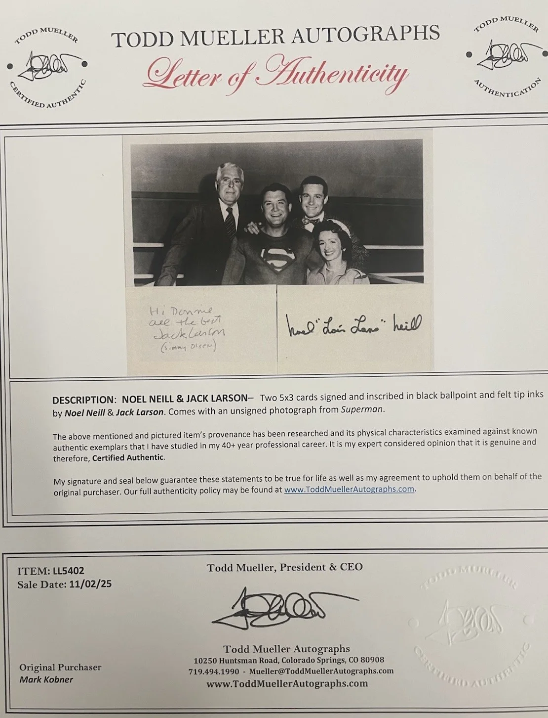 Jack Larson “Jimmy Olsen” & Noel Neill “Lois Lane” Signed Cards, 8x10 Photo JSA, изображение 5