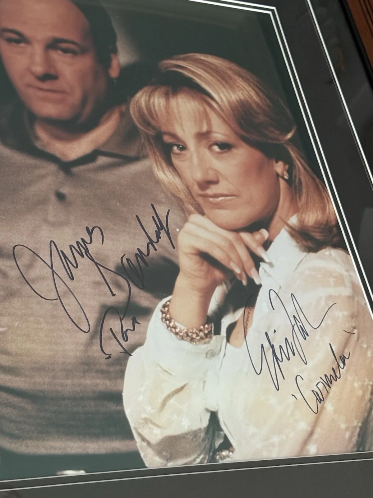 James Gandolfini — SOPRANOS JAMES GANDOLFINI EDIE FALCO Autograph Signed 16x20 framed 28x33 PSA COA, image 2