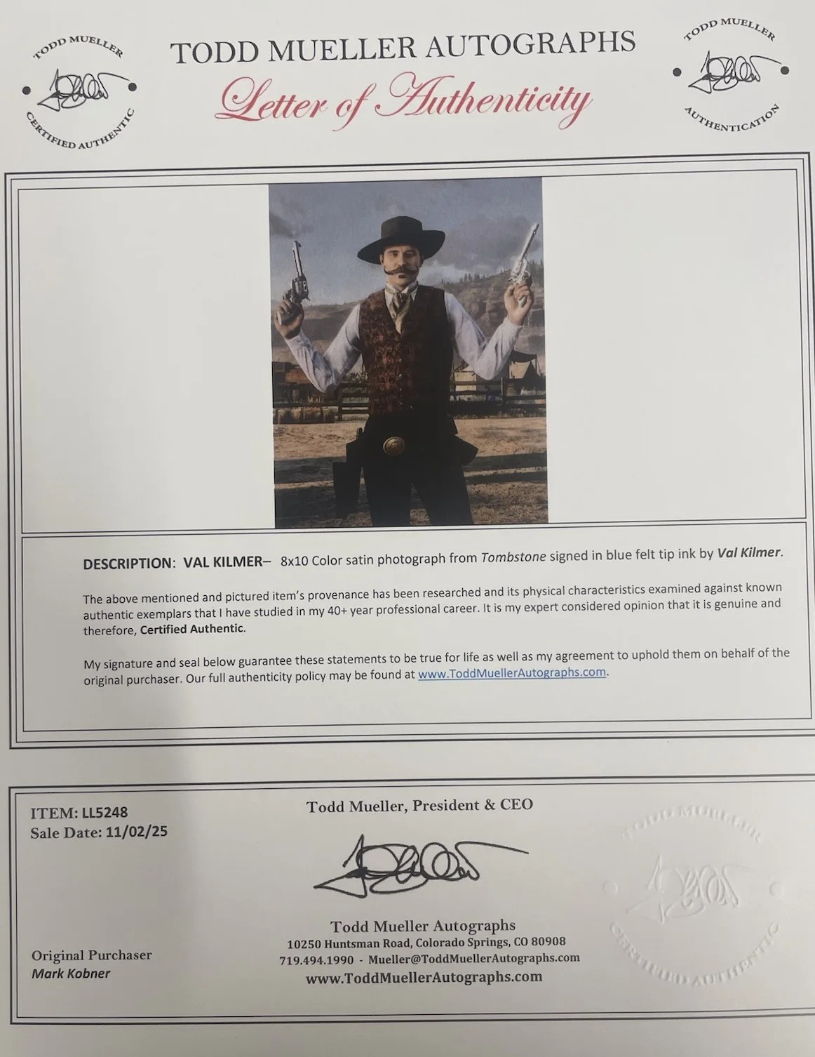 Val Kilmer — Val Kilmer Signed 8x10 “Tombstone” Doc Holiday Photo JSA certified, image 3