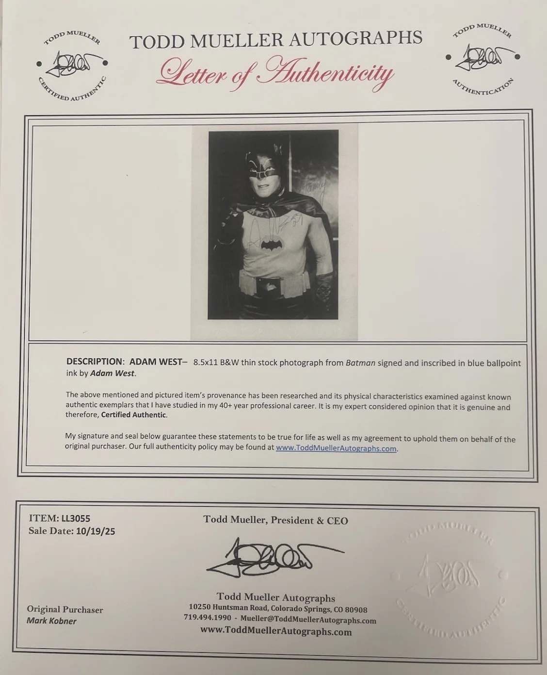 Adam West — Adam West “Batman” Signed 8x10 Photo With COA and JSA certified, изображение 3