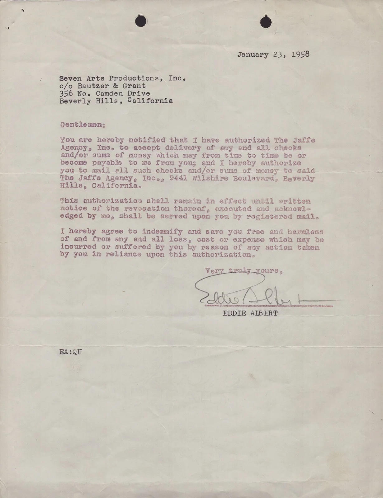 Eddie Albert — EDDIE ALBERT - DOCUMENT SIGNED 01/23/1958