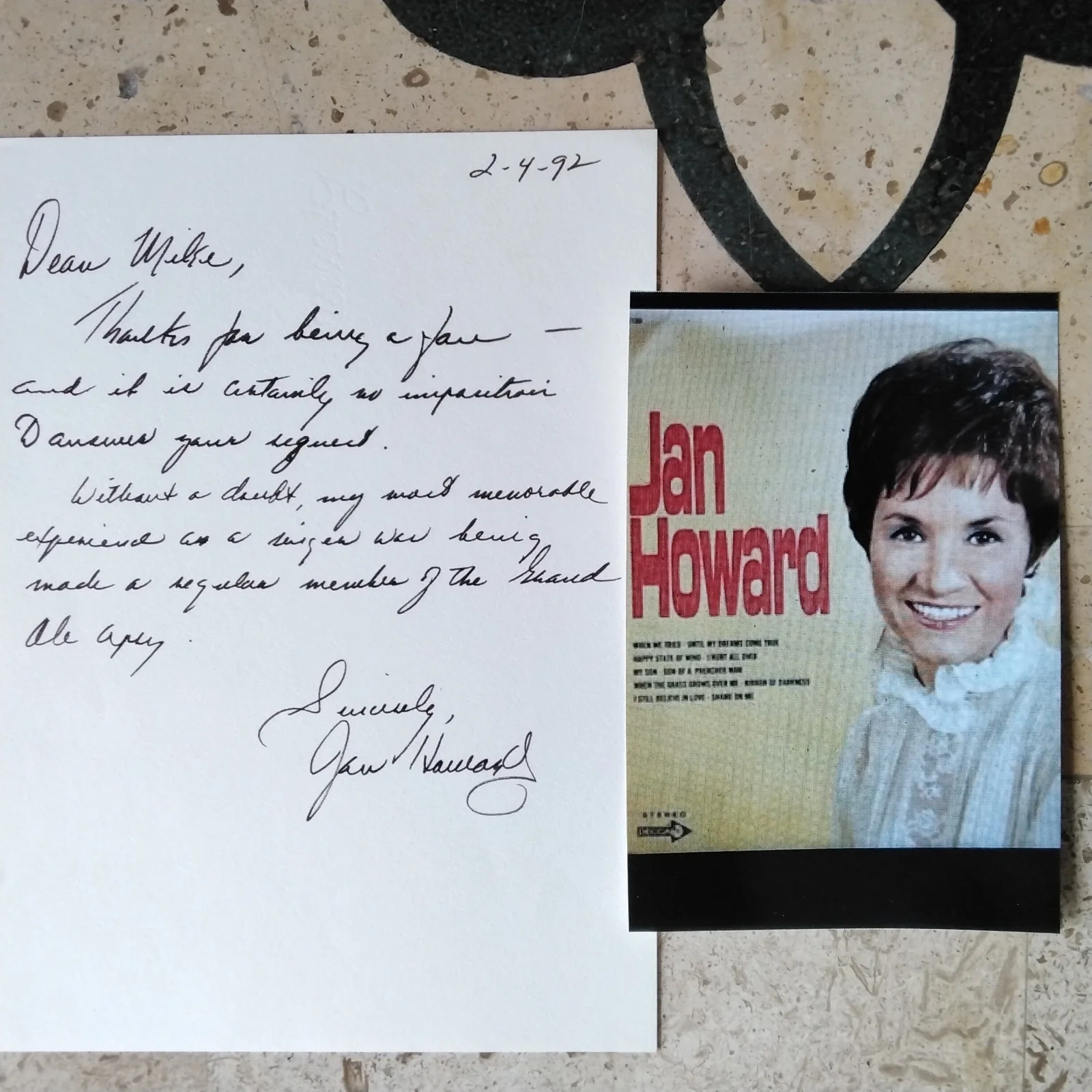 Jan Howard SIGNED Letter Singer Songwriter Evil on Your Mind Opry For Loving You, image 2