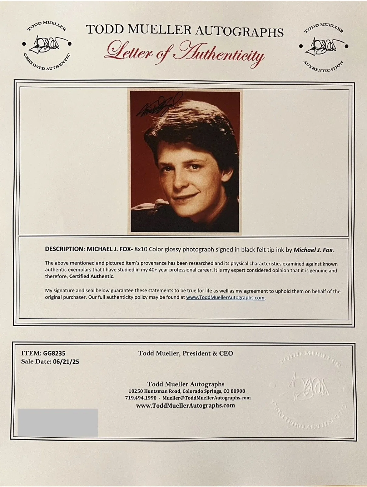 Michael J Fox Signed Back To The Future Photo Todd Mueller COA Autograph 8x10, изображение 2