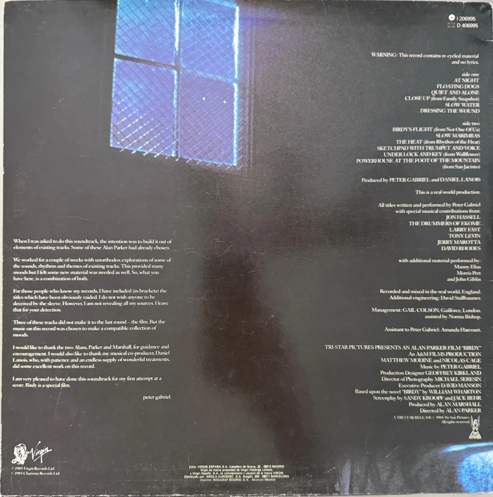 Peter Gabriel : Birdy soundtrack signed LP autographed vinyl ( Genesis ), image 2