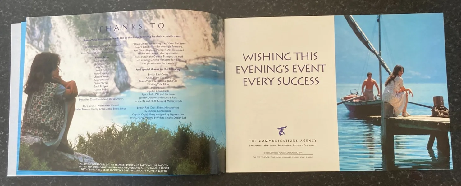 CAPTAIN CORELLIS MANDOLIN 2001 World Charity Film Premiere Program Brochure Rare, изображение 3