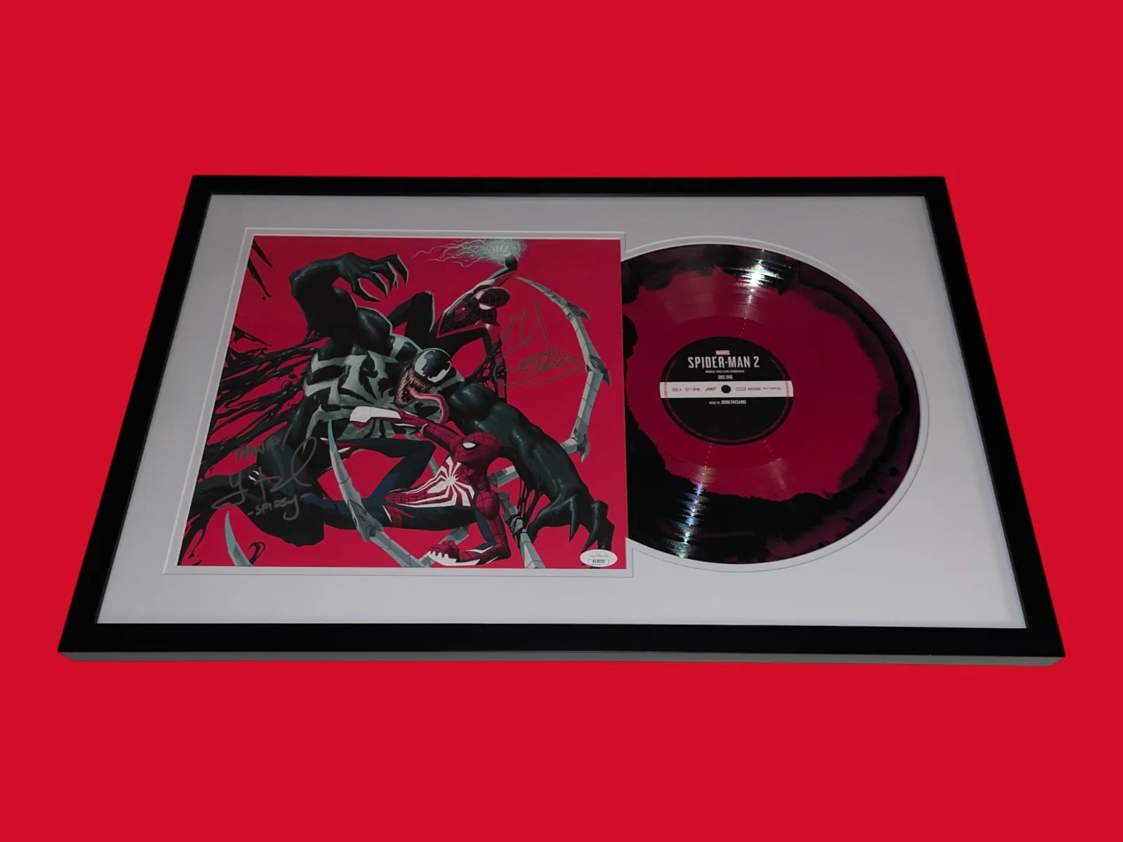 Yuri Lowenthal & Nadji Jeter — Yuri Lowenthal & Nadji Jeter Signed Spider-Man 2 Framed Mondo Vinyl JSA COA