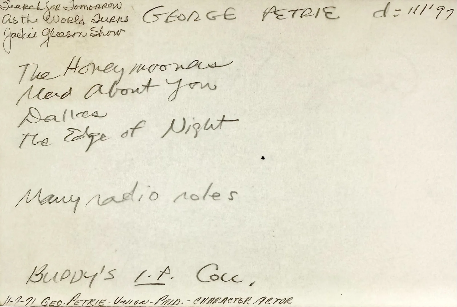 George Petrie — GEORGE PETRIE Signed Autograph INDEX CARD The Honeymooners Jackie Gleason Show, изображение 3