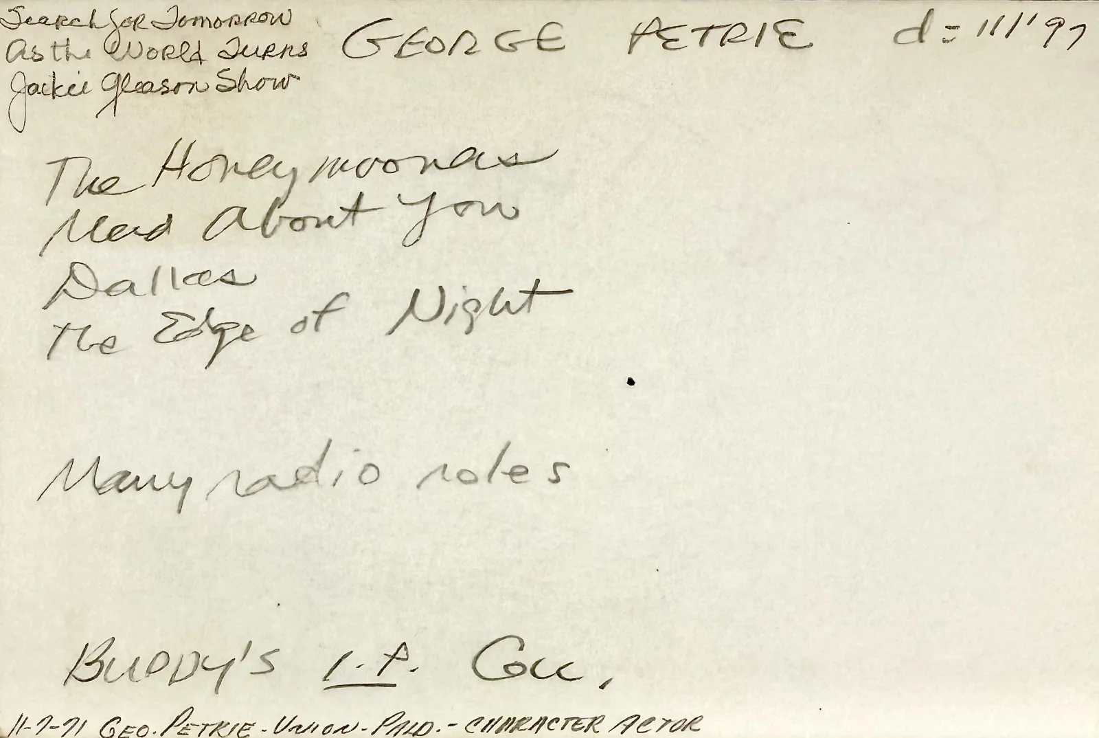 George Petrie — GEORGE PETRIE Signed Autograph INDEX CARD The Honeymooners Jackie Gleason Show, изображение 5