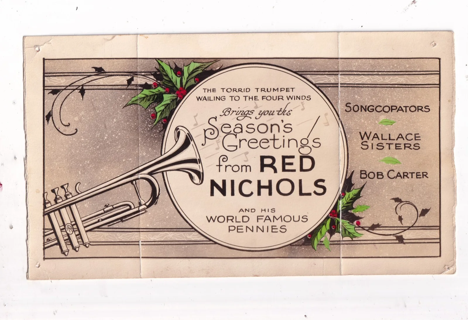 "RED" NICHOLS VINTAGE AUTOGRAPHED PHOTO AND HOLIDAY CARD/JAZZ BANDLEADER, изображение 3