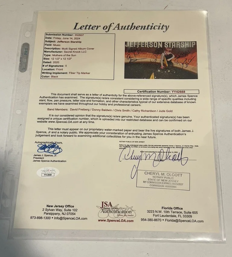 Donny Baldwin — JEFFERSON STARSHIP Signed MOTHER OF THE SUN Vinyl Album Cover David Freiberg JSA, изображение 4