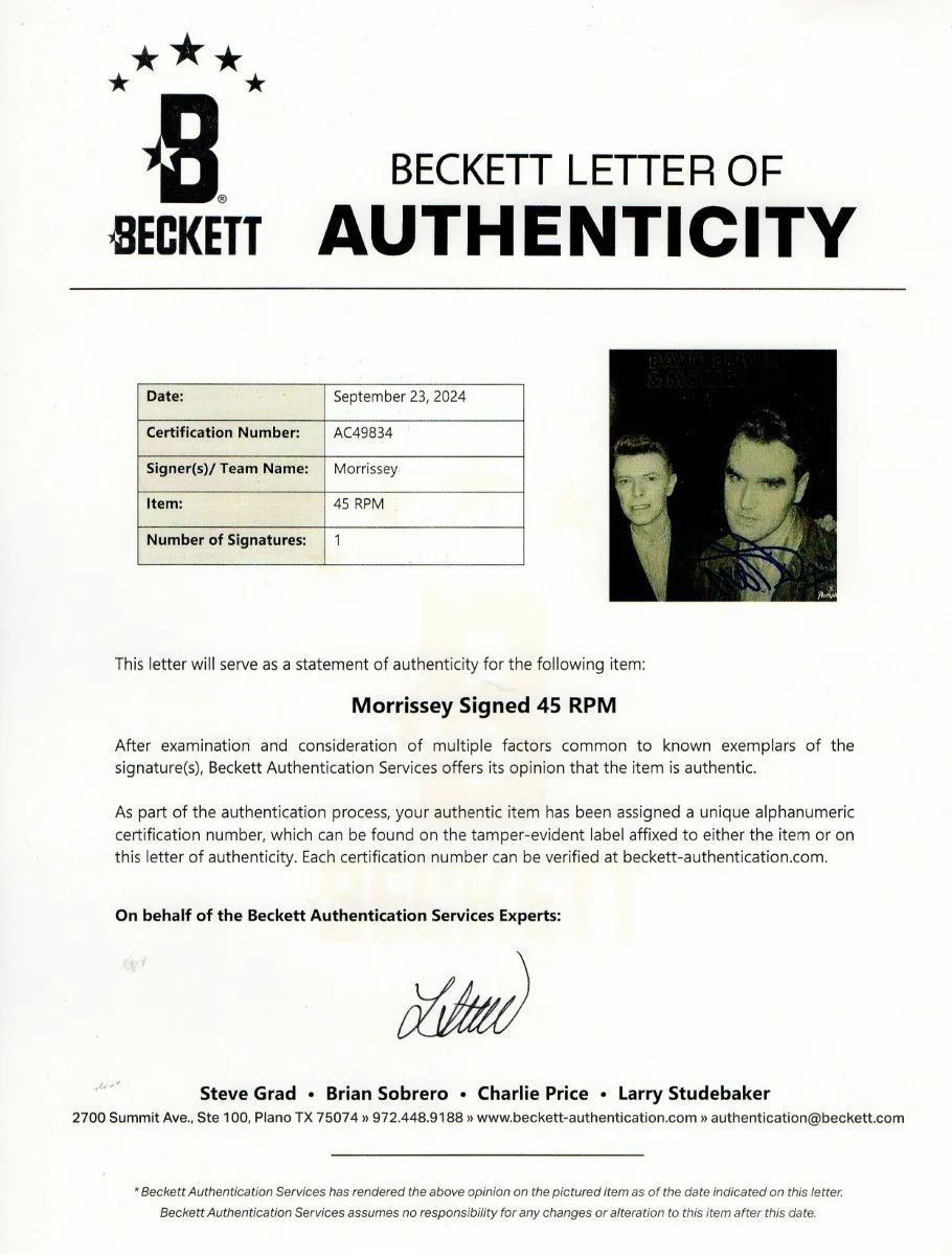 Morrissey Signed Autographed 45 RPM Record Sleeve w/David Bowie BAS AE49834, изображение 2