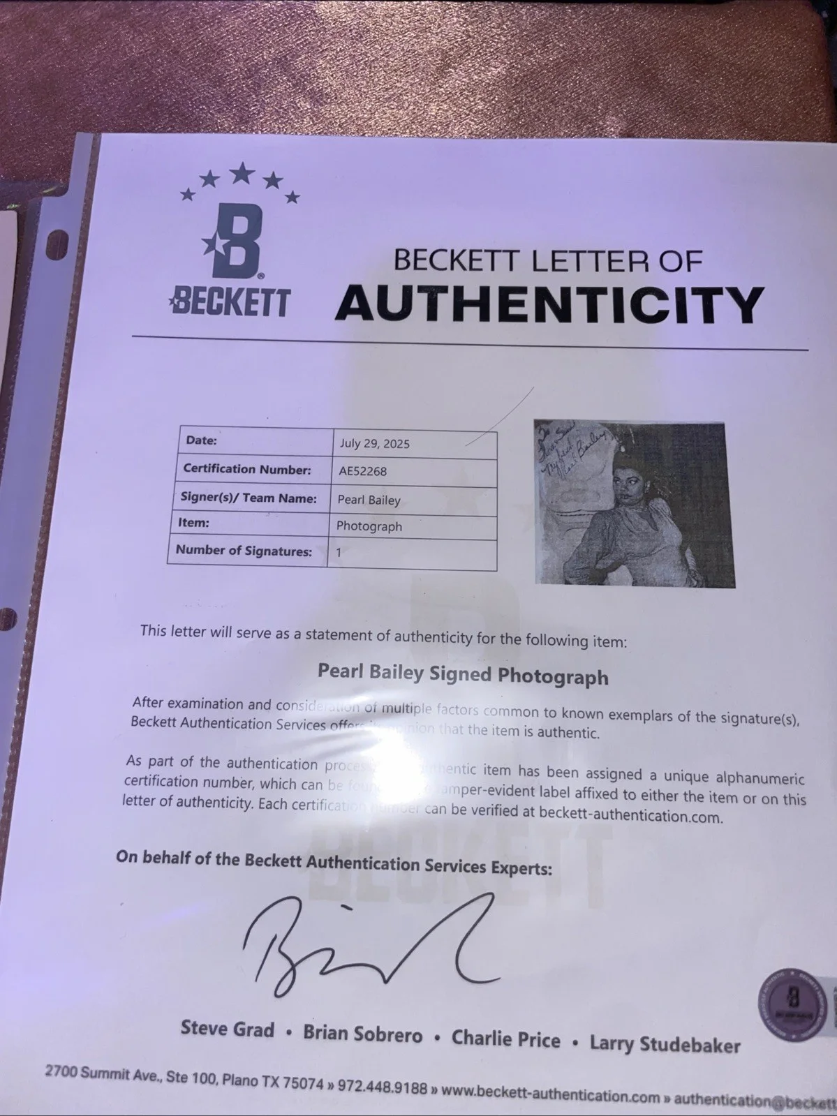 Pearl Bailey Signed Vintage Photo 1940s w/ Beckett LOA – William Morris Agency, изображение 2