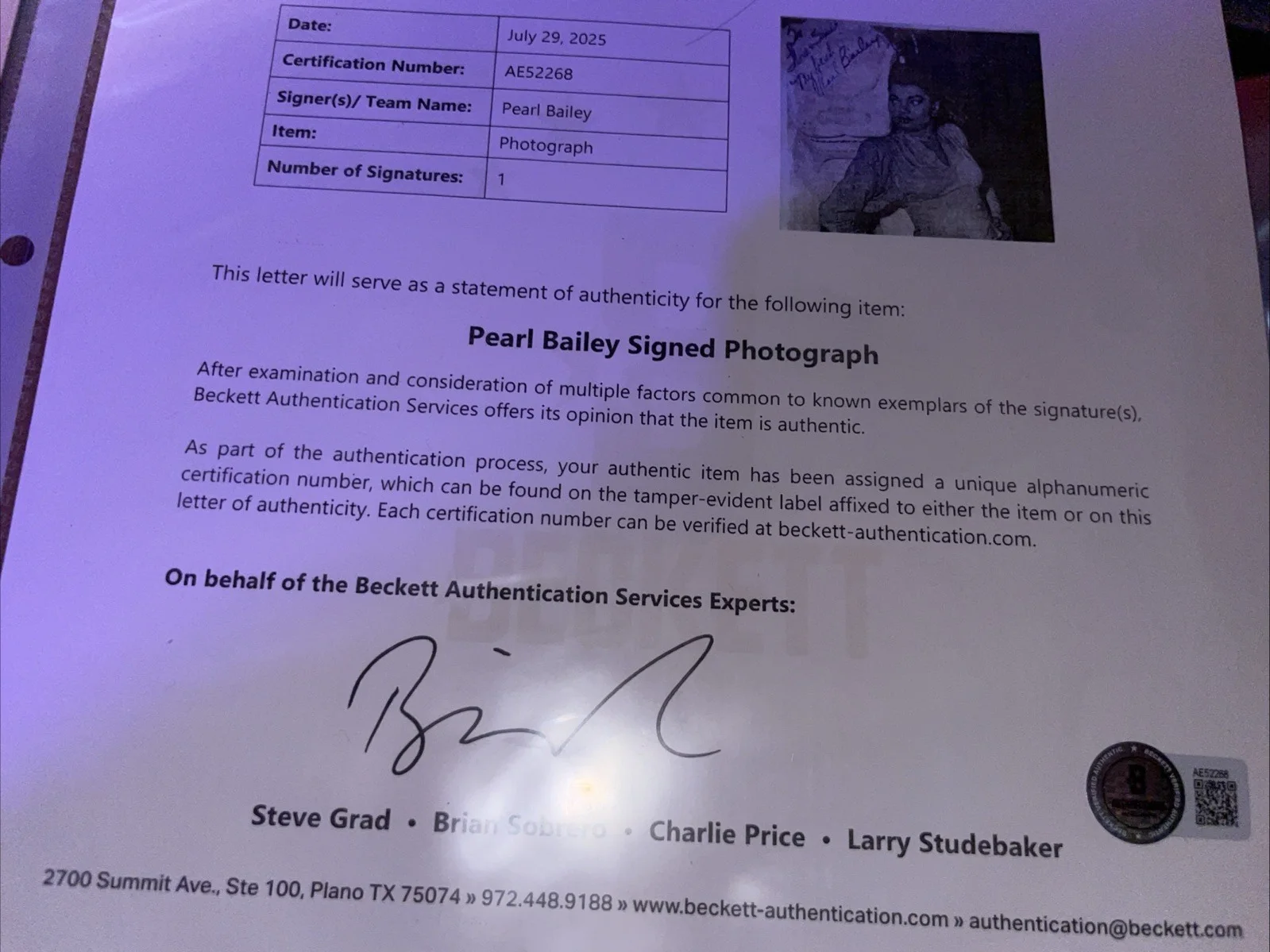 Pearl Bailey Signed Vintage Photo 1940s w/ Beckett LOA – William Morris Agency, изображение 3