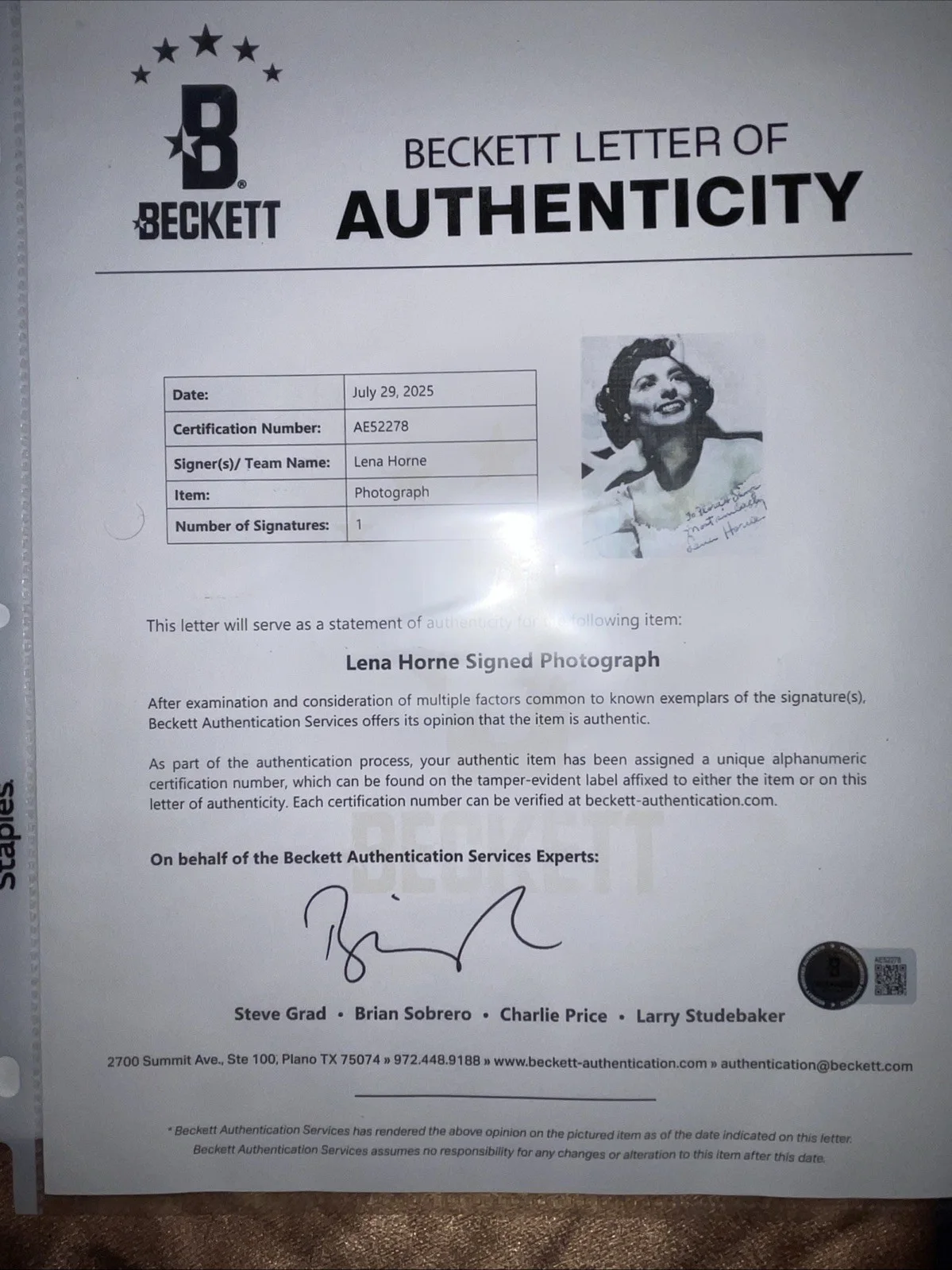 Lena Horne — Lena Horne Signed Vintage 1940s Photo w/ Beckett LOA + Pantages Program, изображение 5