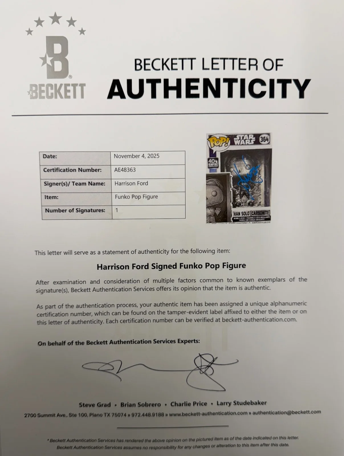 Harrison Ford — Harrison Ford Signed Han Solo Caronite Funko Star Wars Autograph Beckett LOA, изображение 3