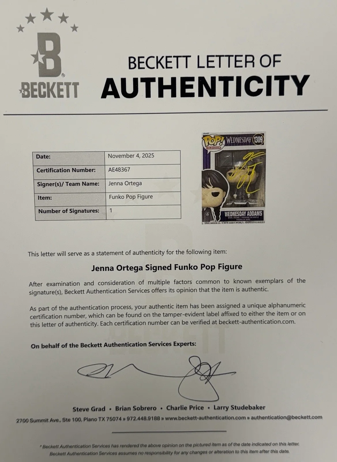 Jenna Ortega — Jenna Ortega Signed Wednesday Funko 1309 Authentic Autograph Beckett LOA, изображение 3