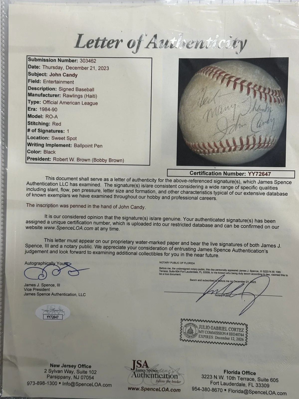 RARE John Candy Signed American League Baseball JSA COA Personalized Auto, image 4