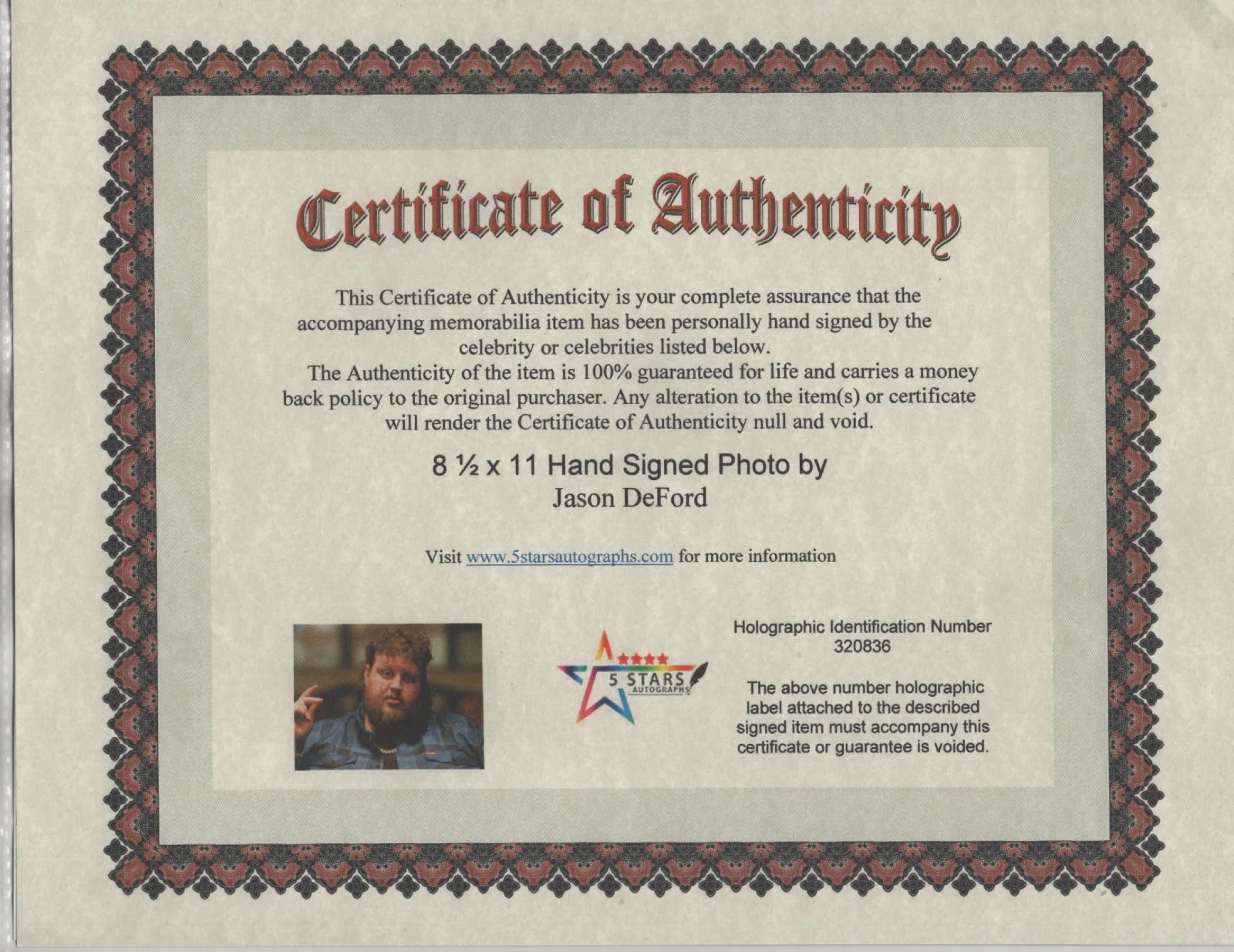 JELLY ROLL HAND SIGNED 8 1/2 X 11 COLOR PHOTO / COA, изображение 2