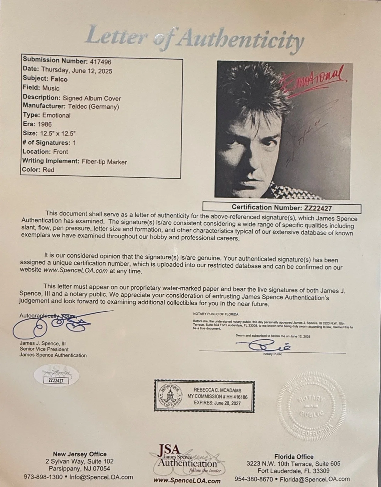 Falco : Emotional autographed signed Lp vinyl JSA LOA ( 3 Rock Me Amadeus ), image 2