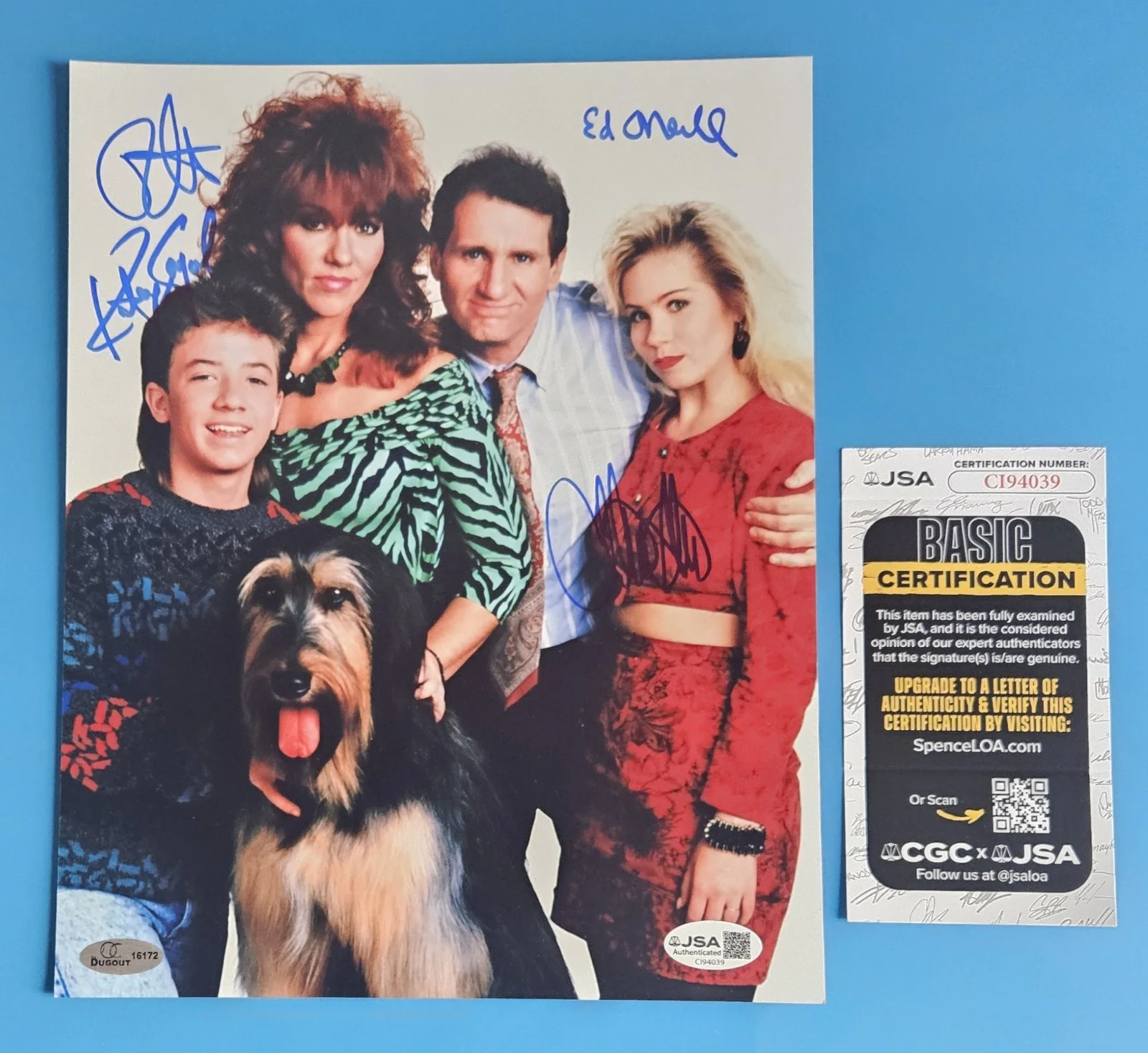 Ed O'Neill, Christina Applegate, Katey Sagal, David Faustino — ED O'NEILL APPLEGATE SAGAL +1 CAST SIGNED MARRIED WITH CHILDREN 8"X10" PHOTO JSA