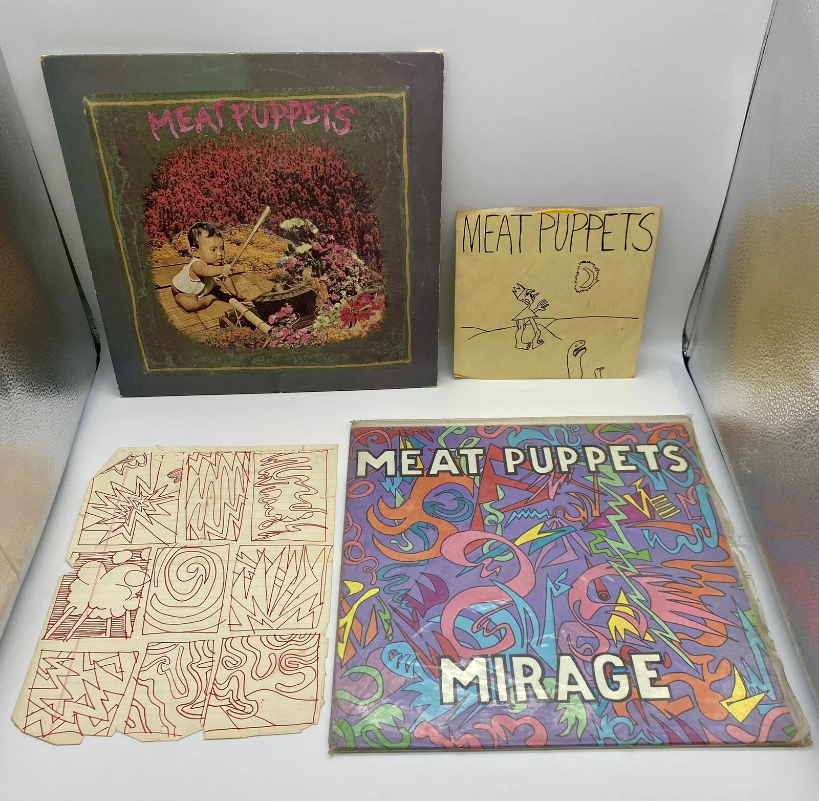 Meat Puppets Lot, Original Art Work, Signed Letter By Derrick Bostrom And Vinyls, image 2