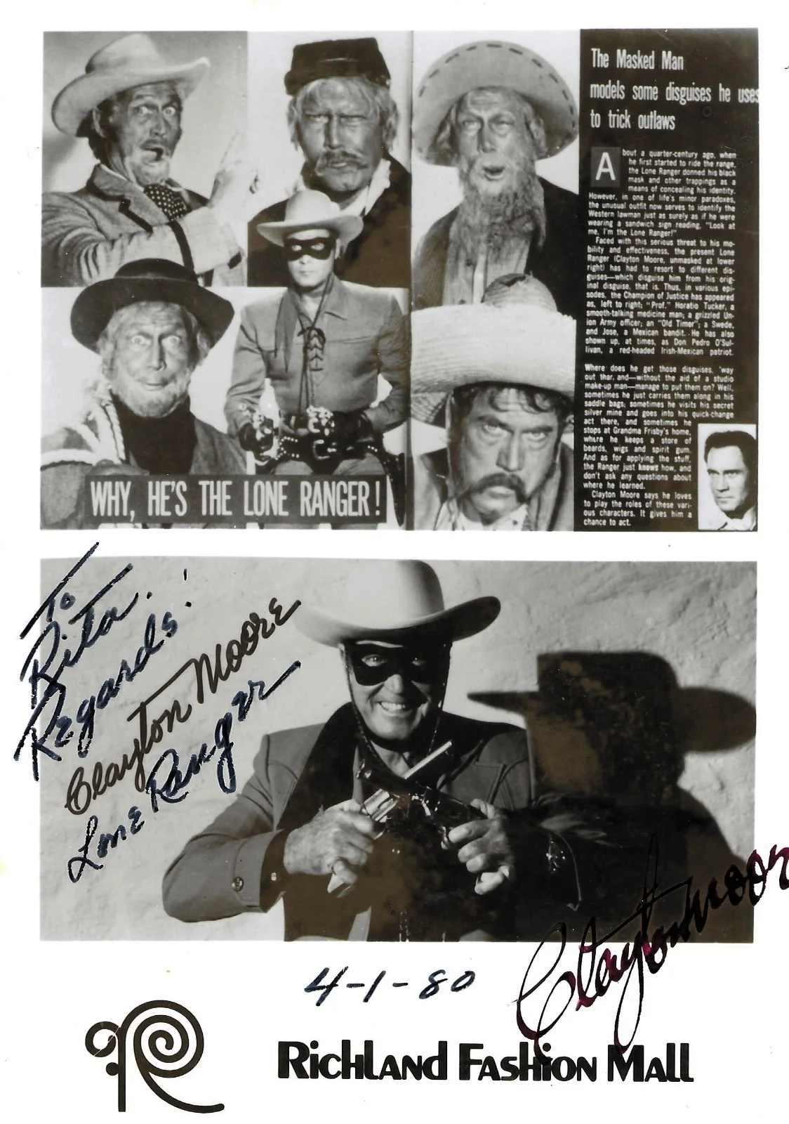 Clayton Moore — CLAYTON MOORE "Lone Ranger" Signed 6x4 promotional photo with COA