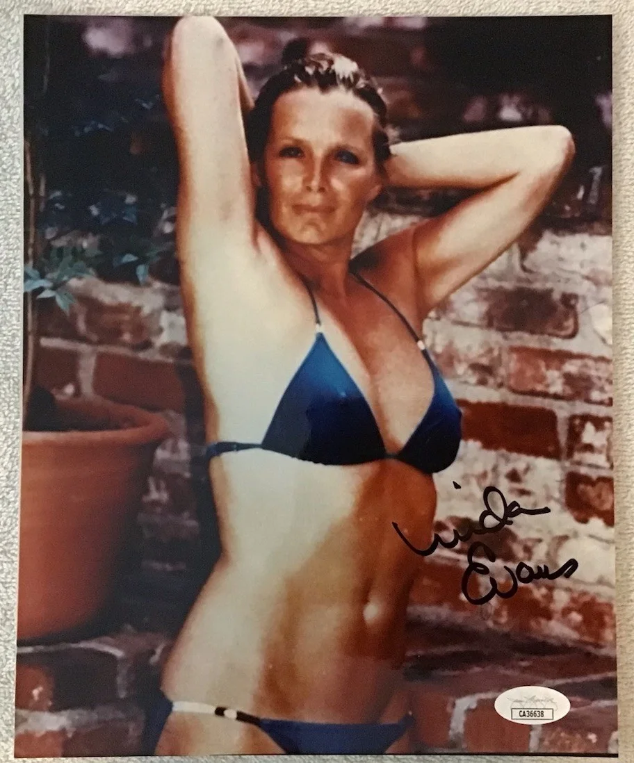 Linda Evans — LINDA EVANS Signed BLUE BIKINI 8x10 Photo Actress Dynasty Soap Opera JSA Coa