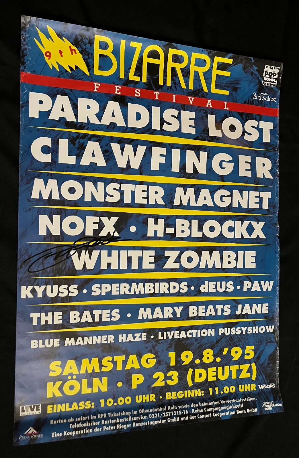 JOHN TEMPESTA White Zombie — BIZARRE 1995 GERMAN FESTIVAL WHITE ZOMBIE John Tempesta SIGNED RARE POSTER NOFX, изображение 2