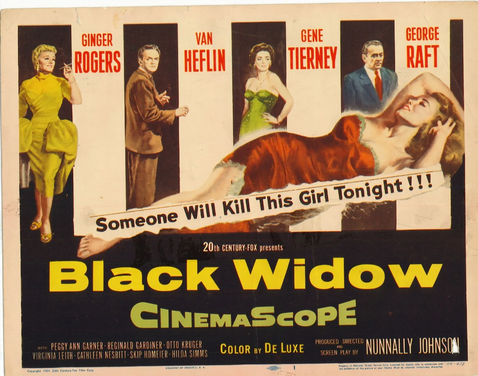 Black Widow 2x ORIGINAL US Lobby Cards Ginger Rogers Gene Tierney 1954, image 2