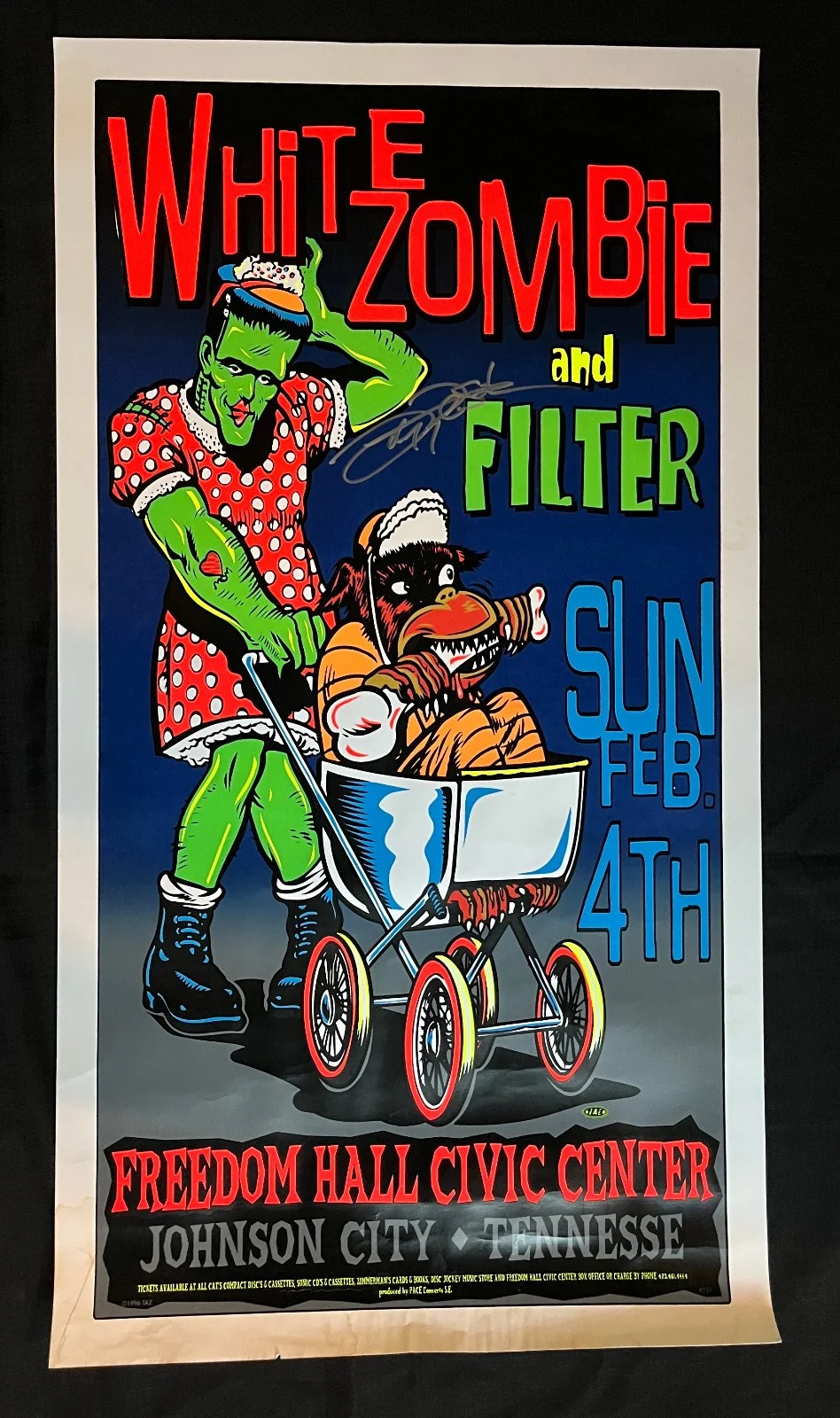 JOHN TEMPESTA White Zombie — WHITE ZOMBIE MEGA RARE 1996 Johnson City TN JOHN TEMPESTA signed SHOW POSTER VG