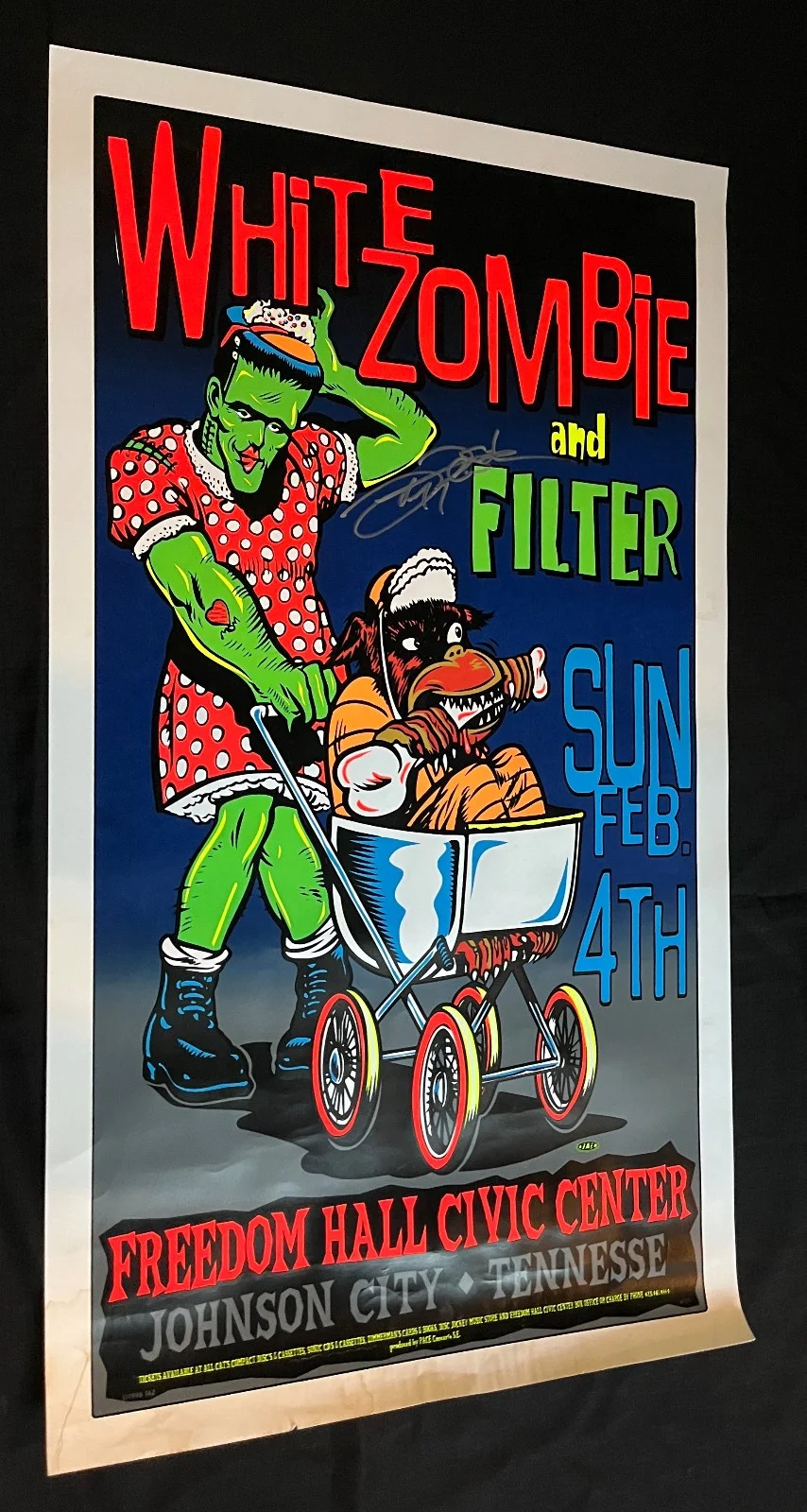 JOHN TEMPESTA White Zombie — WHITE ZOMBIE MEGA RARE 1996 Johnson City TN JOHN TEMPESTA signed SHOW POSTER VG, изображение 2