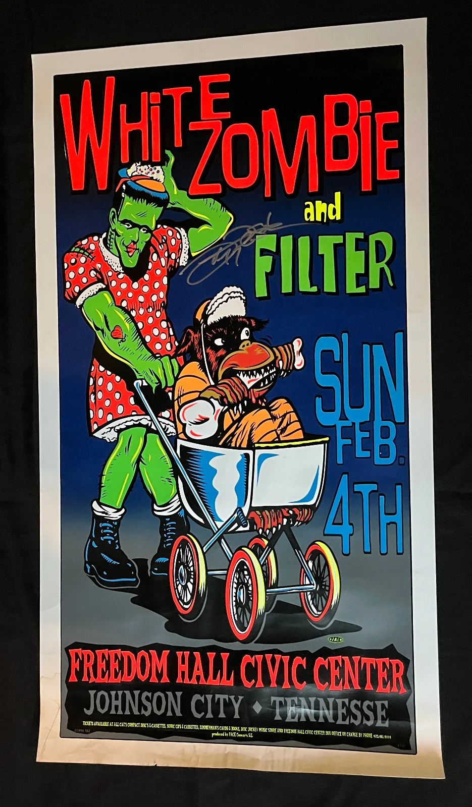 JOHN TEMPESTA White Zombie — WHITE ZOMBIE MEGA RARE 1996 Johnson City TN JOHN TEMPESTA signed SHOW POSTER VG, изображение 3