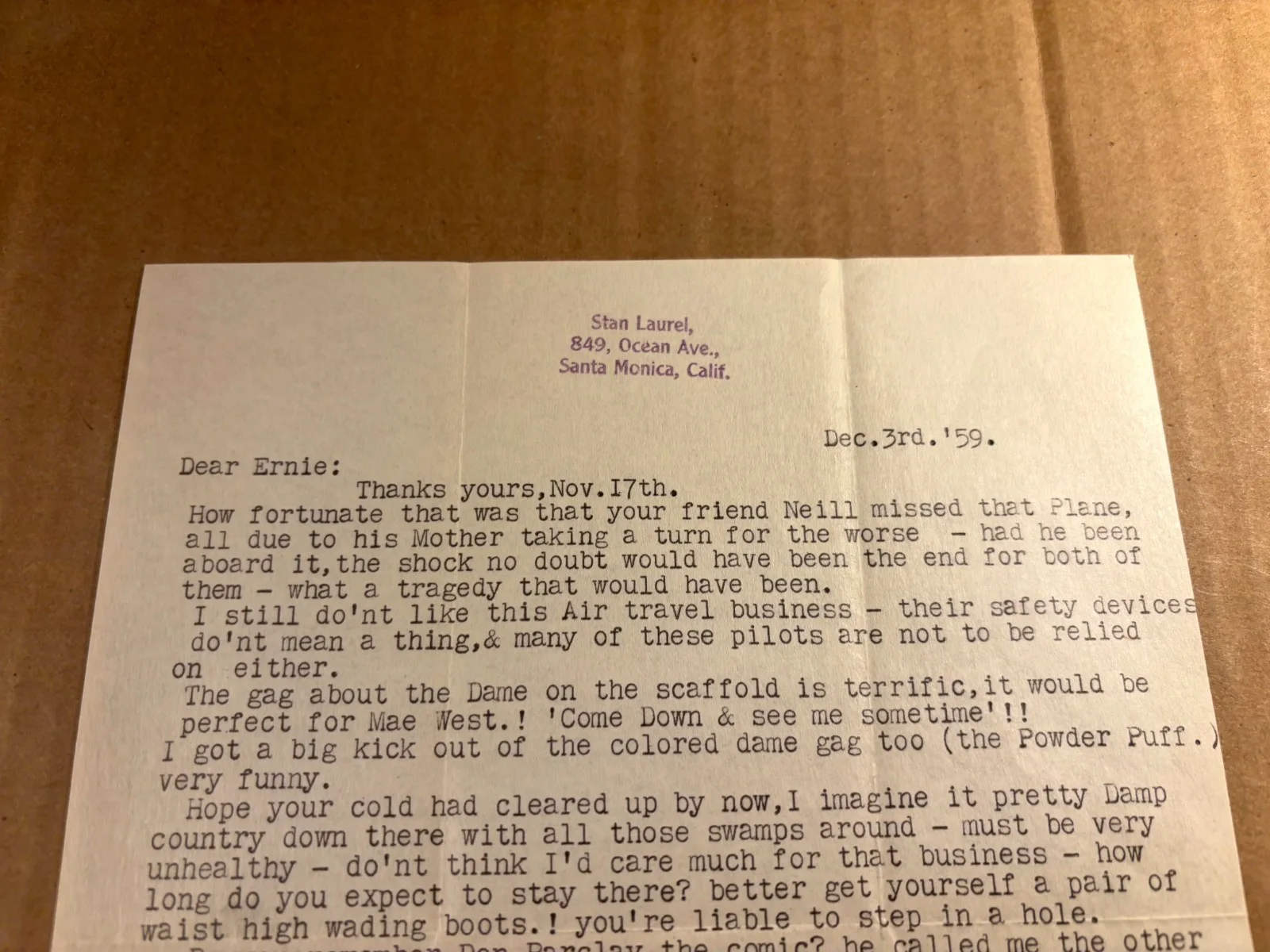 Rare Stan Laurel Autographed Letter 1958 Laurel & Hardy Great Content Gags, image 2