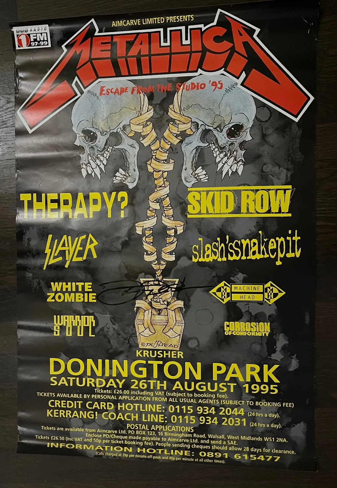 JOHN TEMPESTA White Zombie — METALLICA RARE 1995 DONINGTON UK JOHN TEMPESTA signed SHOW POSTER White Zombie, изображение 3