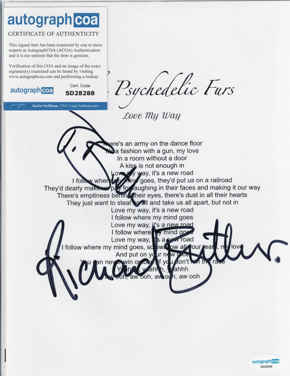 Richard and Tim Butler Signed “Love My Way” Lyric Sheet–Psychedelic Furs–AutoCOA, изображение 2
