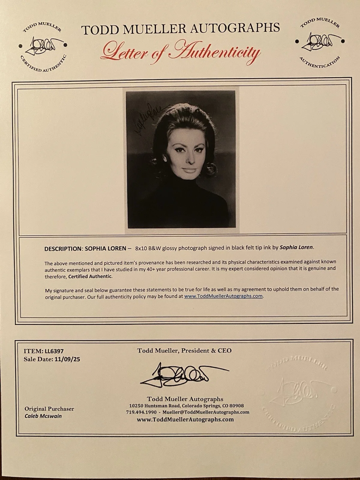 Sophia Loren — Sophia Loren Signed Autographed 8x10 Photo With COA The Black Orchid Houseboat, изображение 4