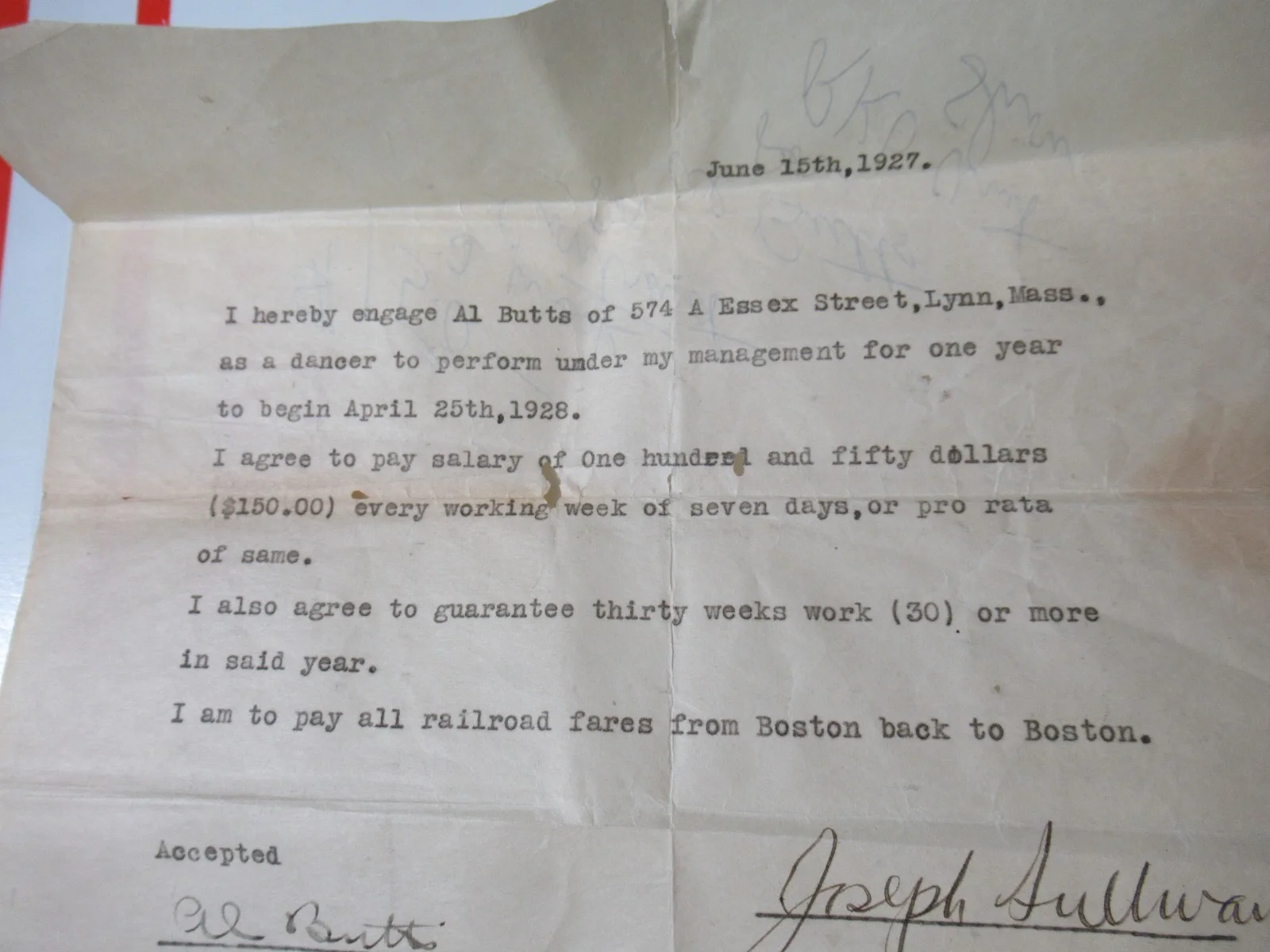 1927 Notarized Performer Contract – Al Butts & Joseph Sullivan – Vaudeville Era, изображение 3