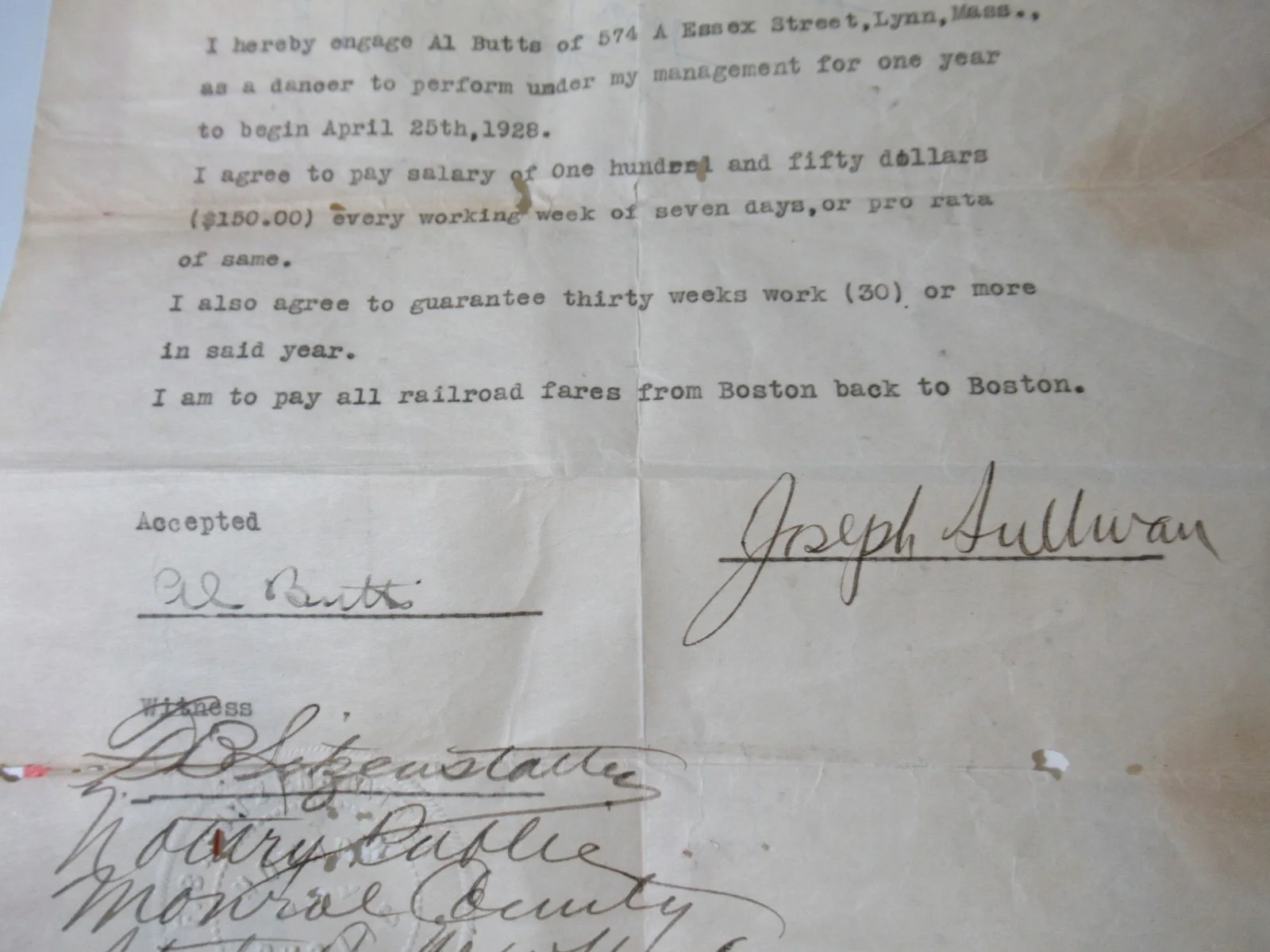 1927 Notarized Performer Contract – Al Butts & Joseph Sullivan – Vaudeville Era, изображение 4