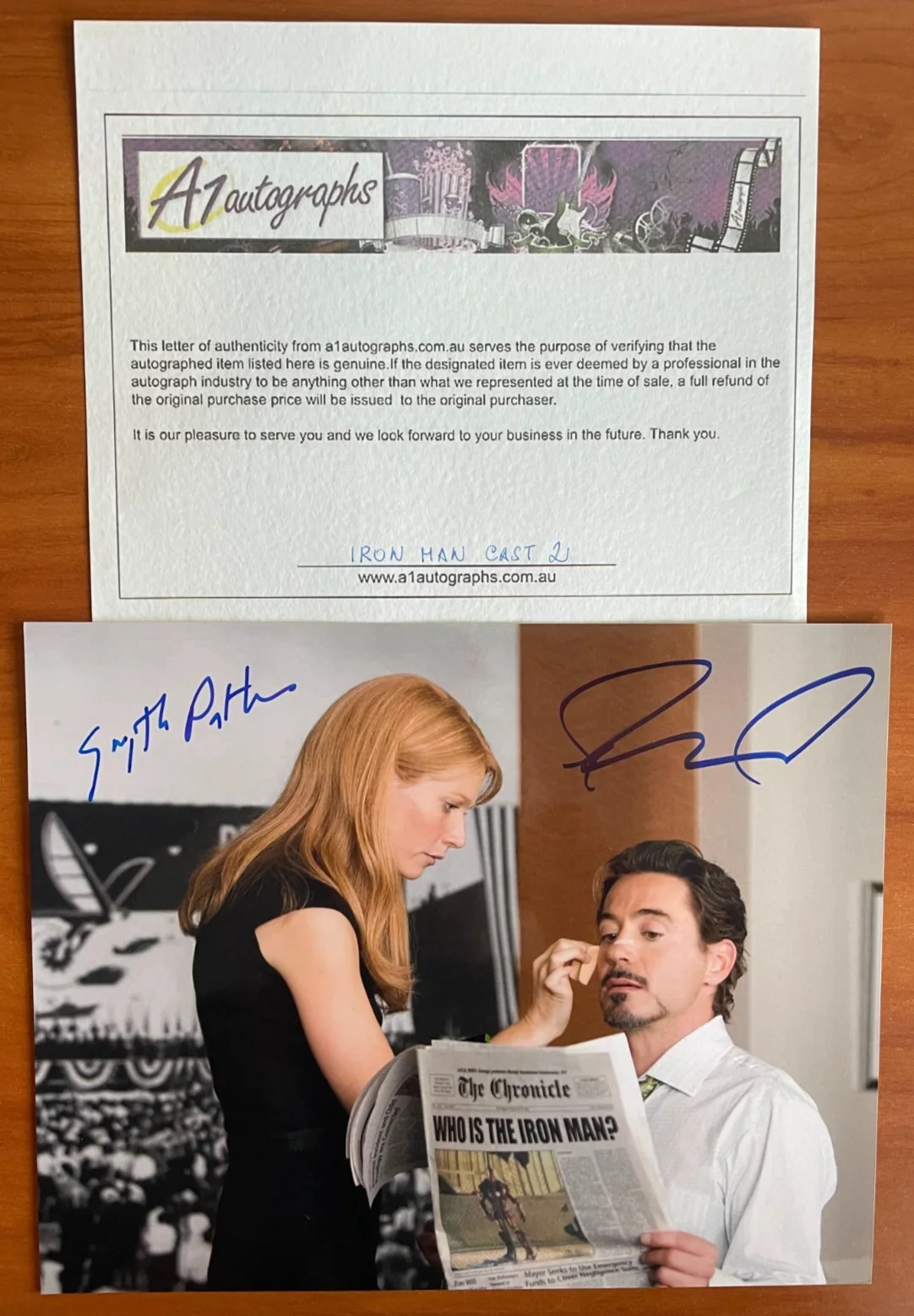 Robert Downey Jr. & Gwyneth Paltrow — Robert Downey Jr. & Gwyneth Paltrow Signed Autograph Signature 10x8 Iron Man COA